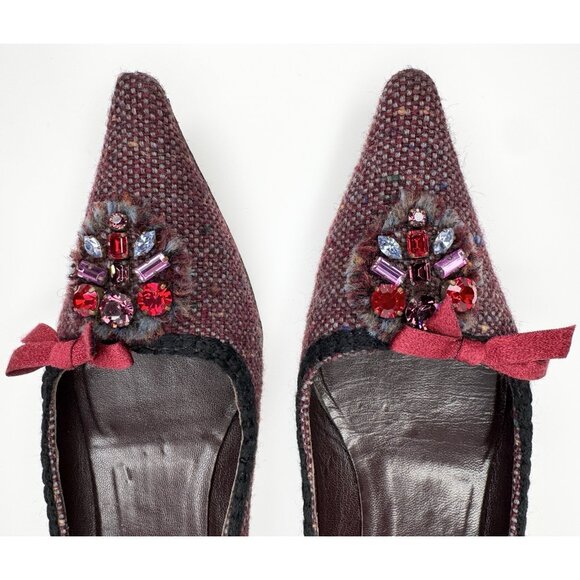 Vintage Prada 36.5 Burgundy Tweed Leather Kitten Heels - Picture 3 of 10